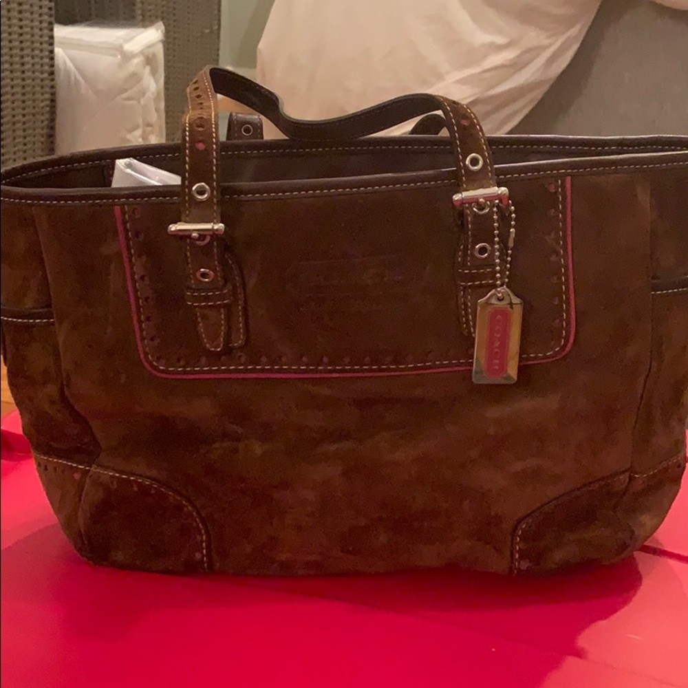 Brown suede coach tote